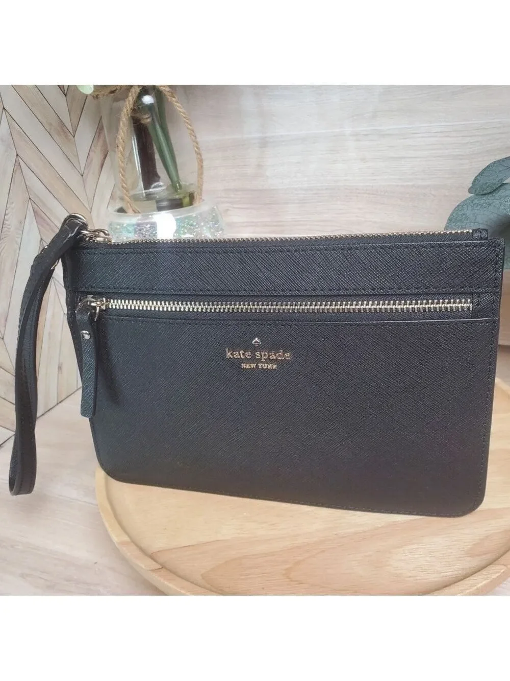 Kate Spade New York Black Leather Wristlet Wallet Mini Purse